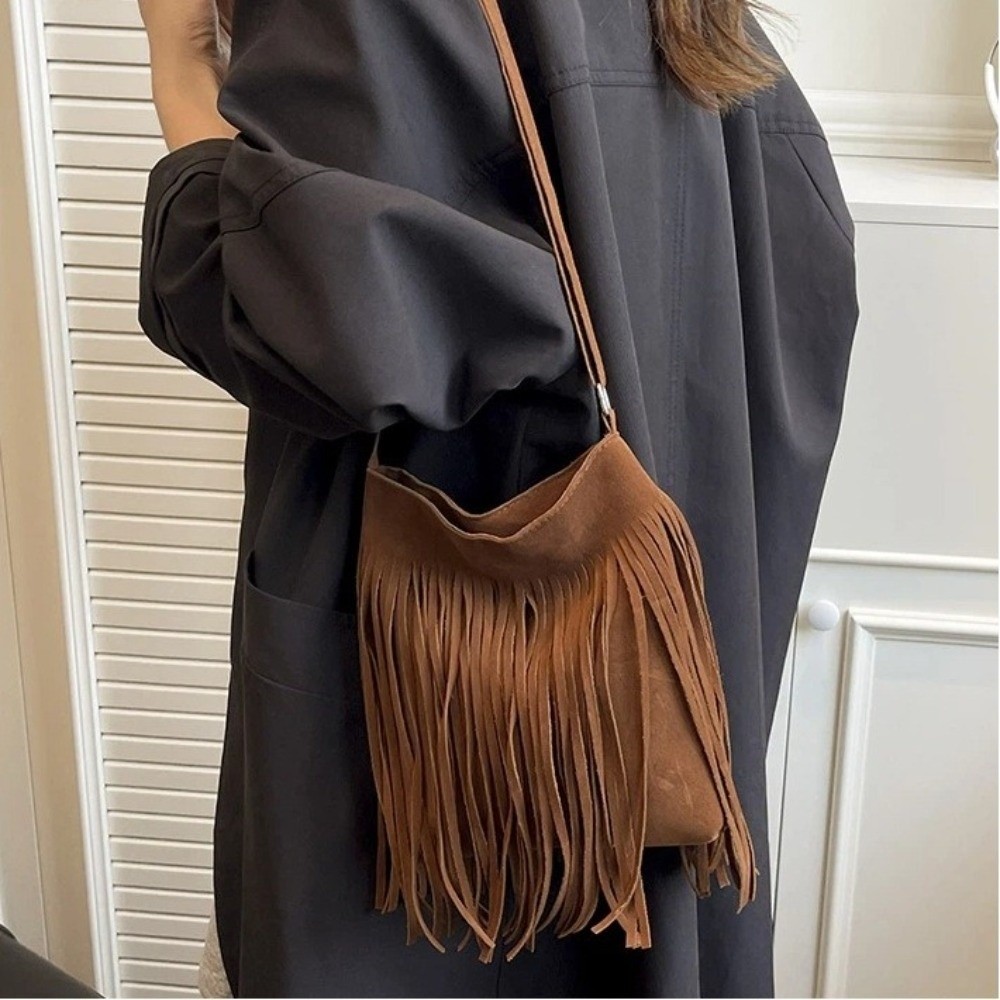 Vintage Suede Fringe Crossbody - Bucket Bag Suede review and price